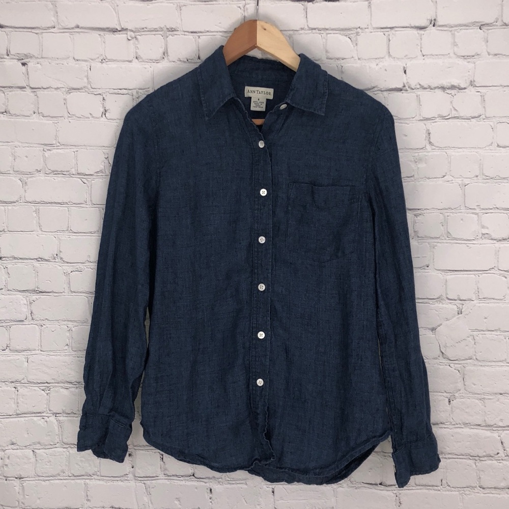 Ann Taylor Denim Colored 100% Linen Longsleeve S